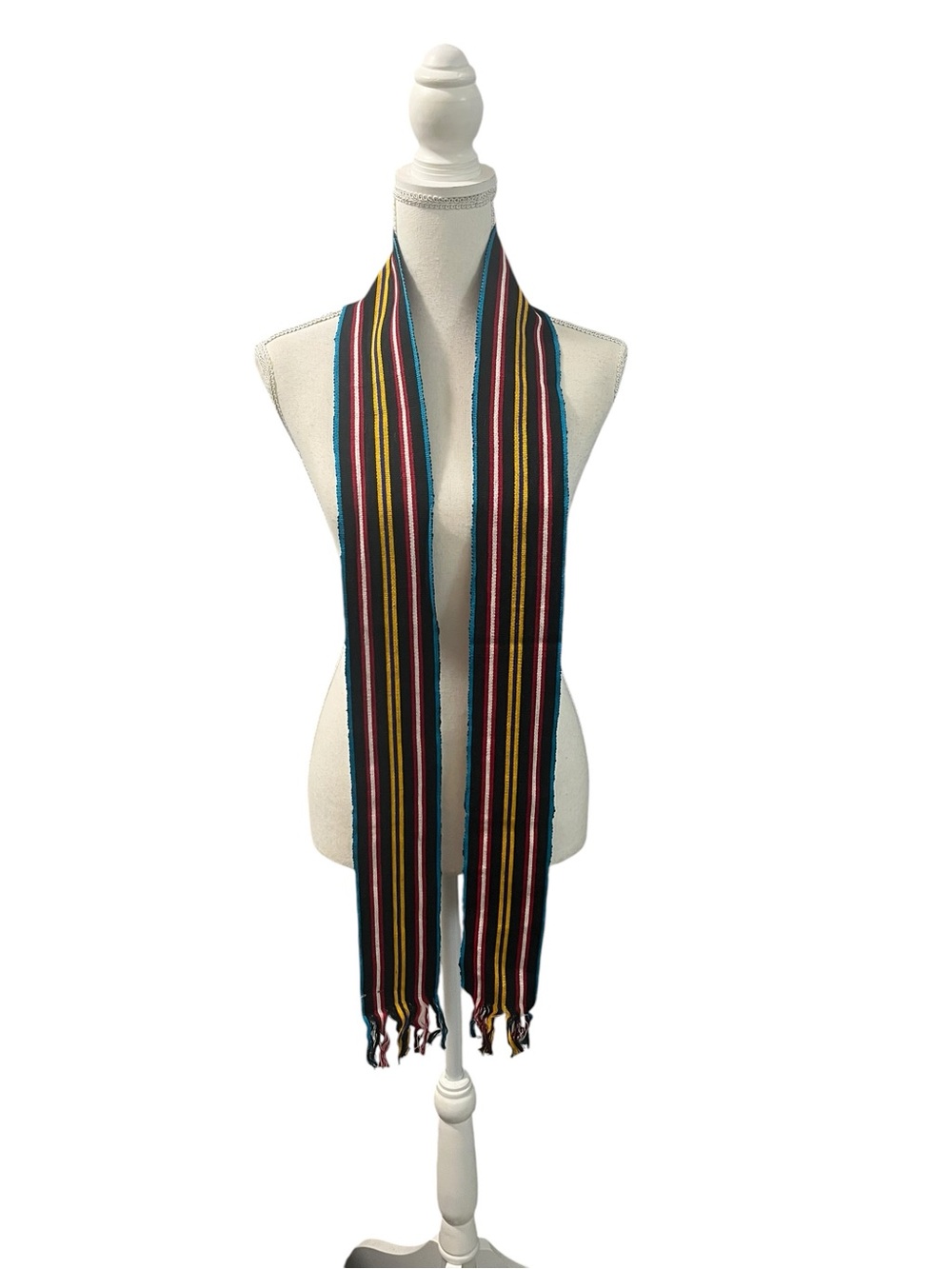 Artisan Woven Multicolored Vertical Stripes Scarf Sash Belt Fringe Guatemala